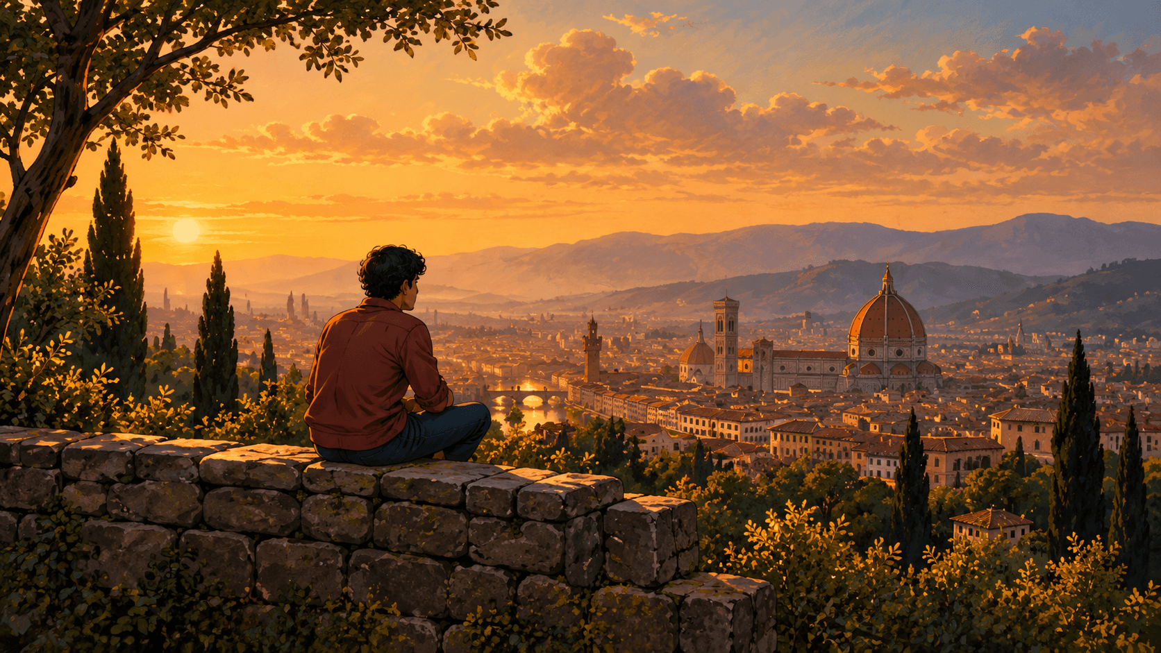 An illustrated figure looking over a sunlit city from a stone terrace.