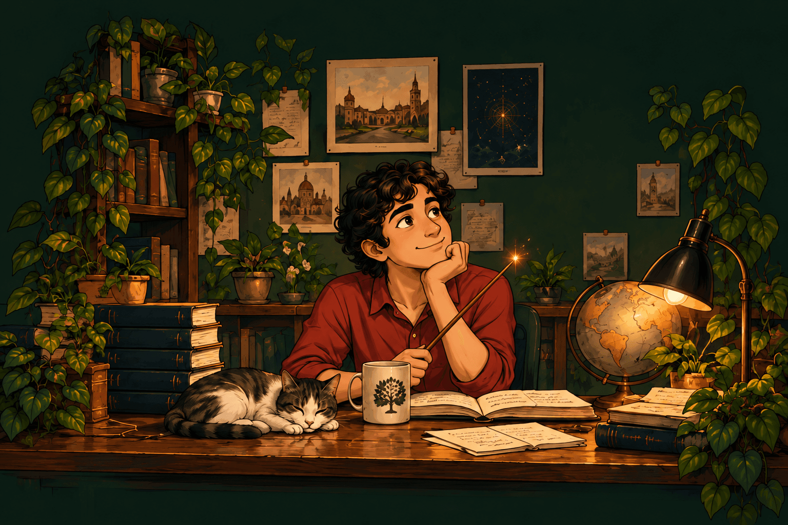 Mihir imagined in a lamplit study holding a glowing wand, with a sleeping cat, books, and a mug of tea.